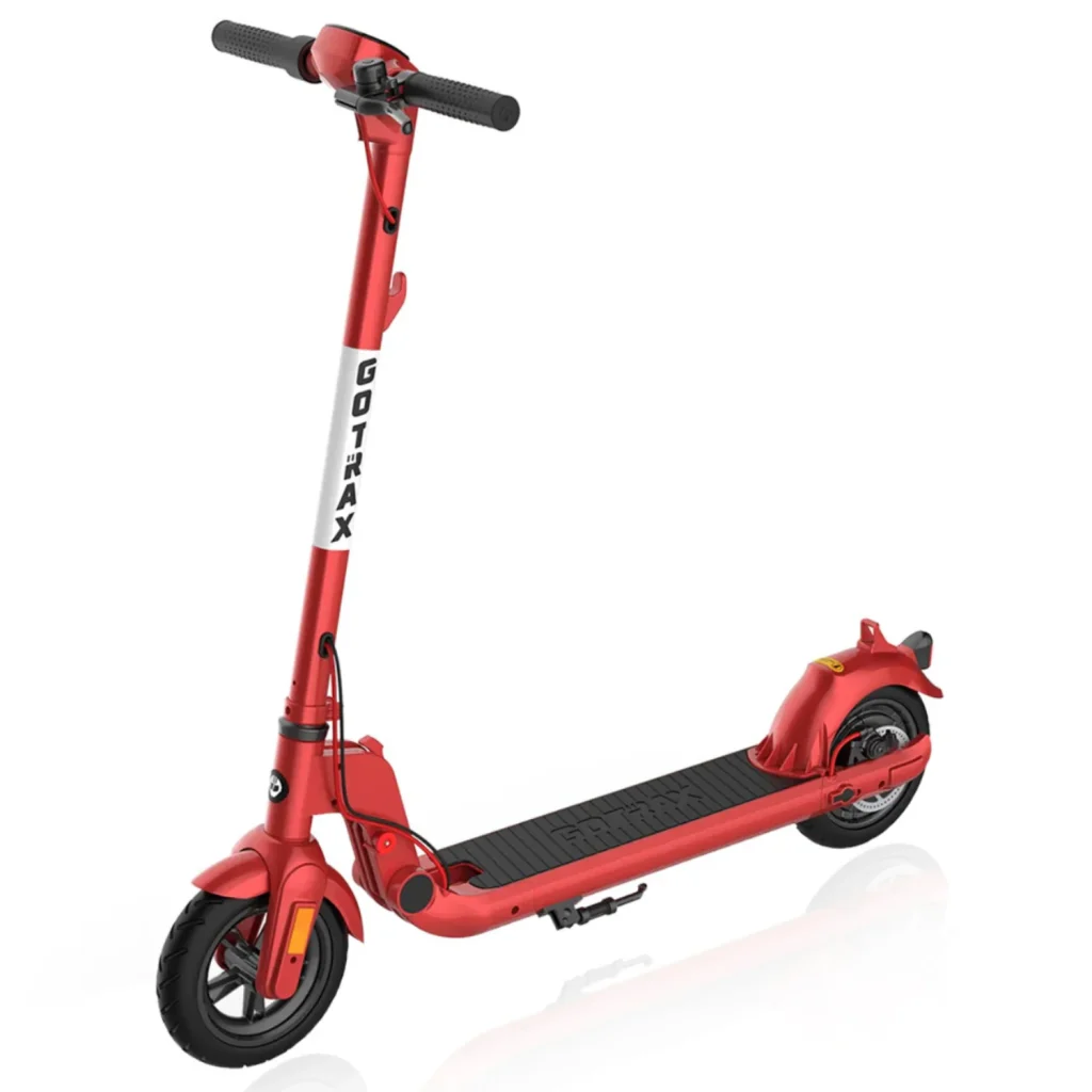 Front side view of a red Apex electric scooter